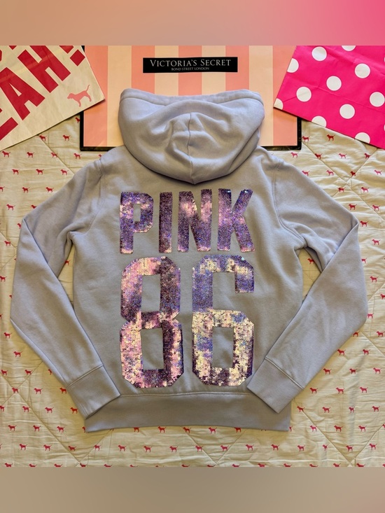 PINK Victoria's Secret Tops - VS PINK VINTAGE Y2K FUR LINED ZIP HOODIE SWEATSHIRT PURPLE 86 BLING LOGO RARE S